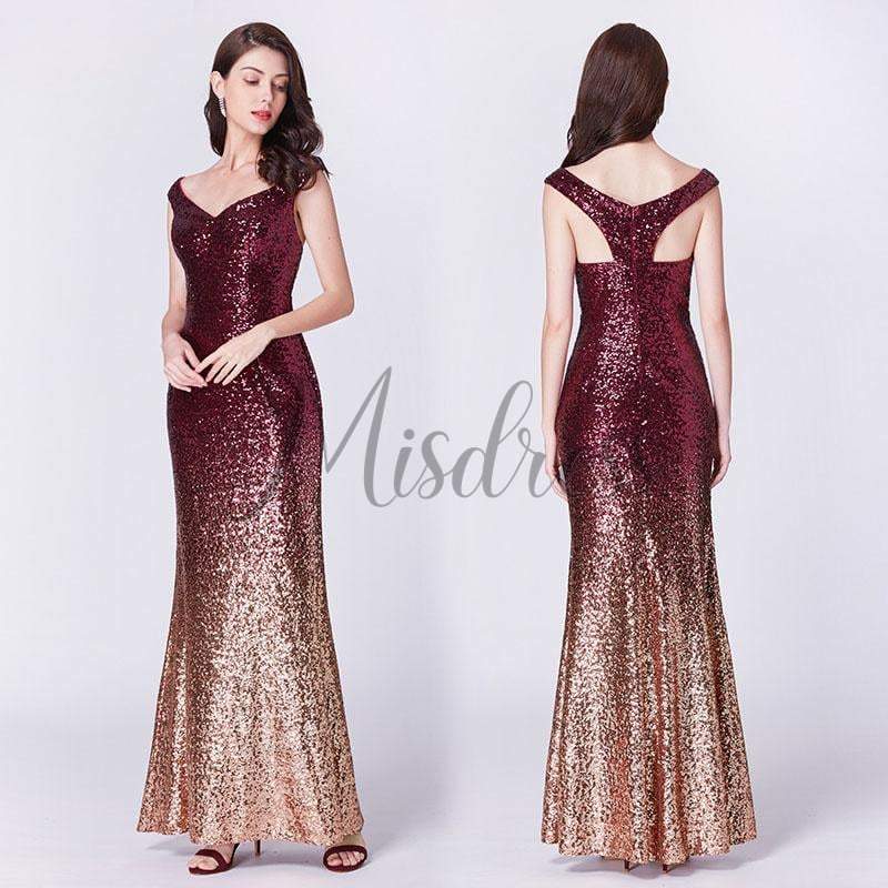 Ombre Sequin V Neck Mermaid Off Shoulder Evening Prom Dress 24 / Burgundy