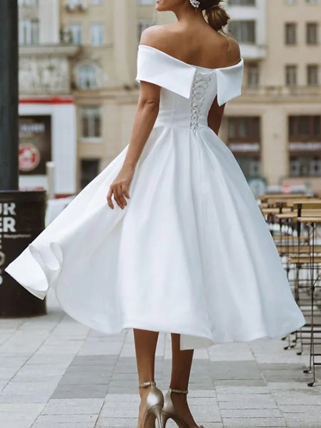 Bridal Shower A-Line Wedding Dress Tea Length Off Shoulder Satin Bridal Gown