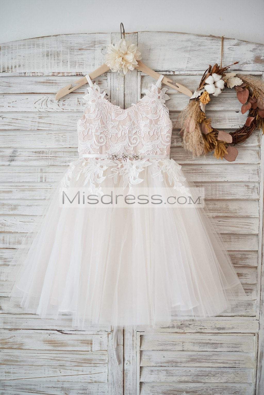 Peach Lace Tulle Spaghetti Straps Wedding Flower Girl Dress, Beaded Be | Misdress Peach Lace Tulle Spaghetti Straps Wedding Flower Girl Dress, Beaded Be | Misdress
