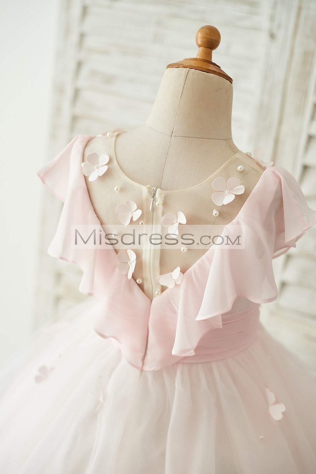 Pink Chiffon Tulle Sheer Neck Wedding Flower Girl Dress with Frills - Flower Girl Dresses