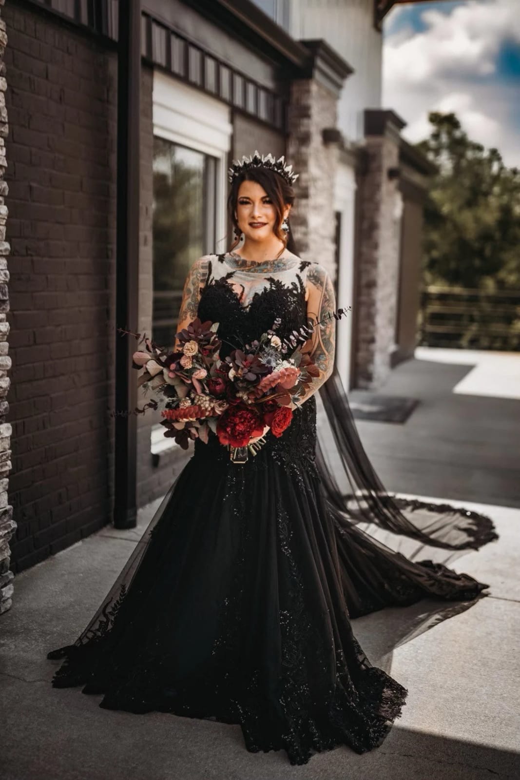 Plunge Illusion Tank Chapel Lace Tulle Black Trumpet Wedding