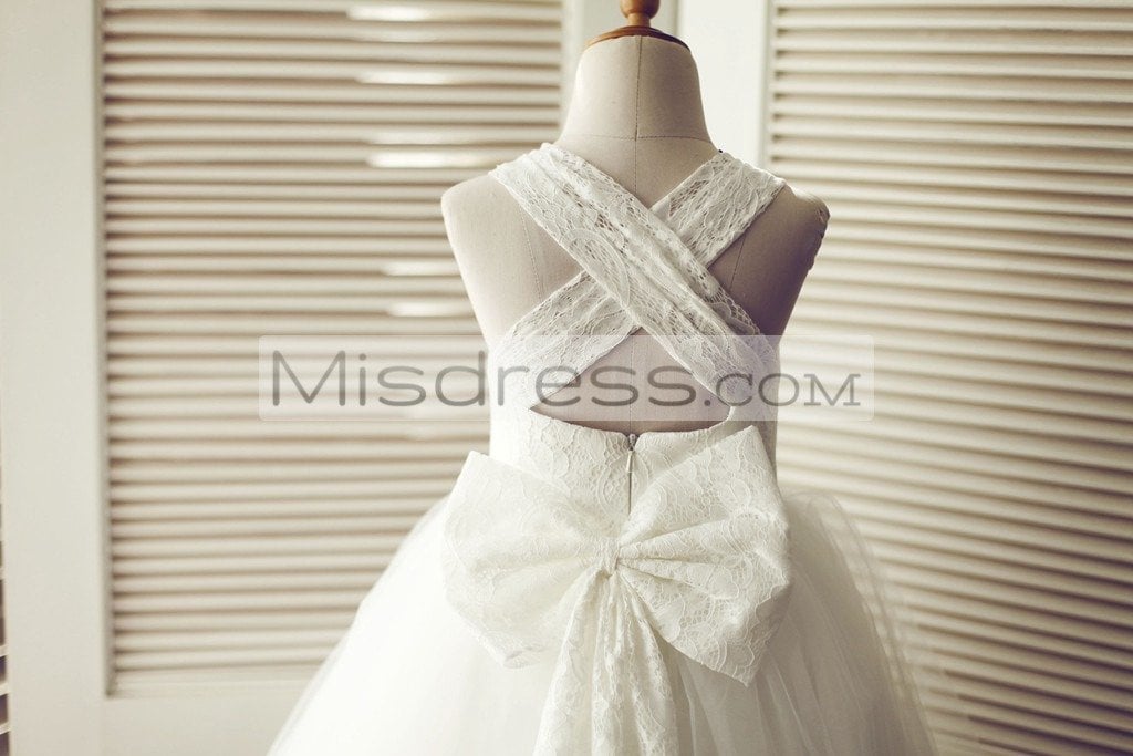 Backless Ivory Lace Tulle Wedding Flower Girl Dress with Big Bow - Flower Girl Dresses