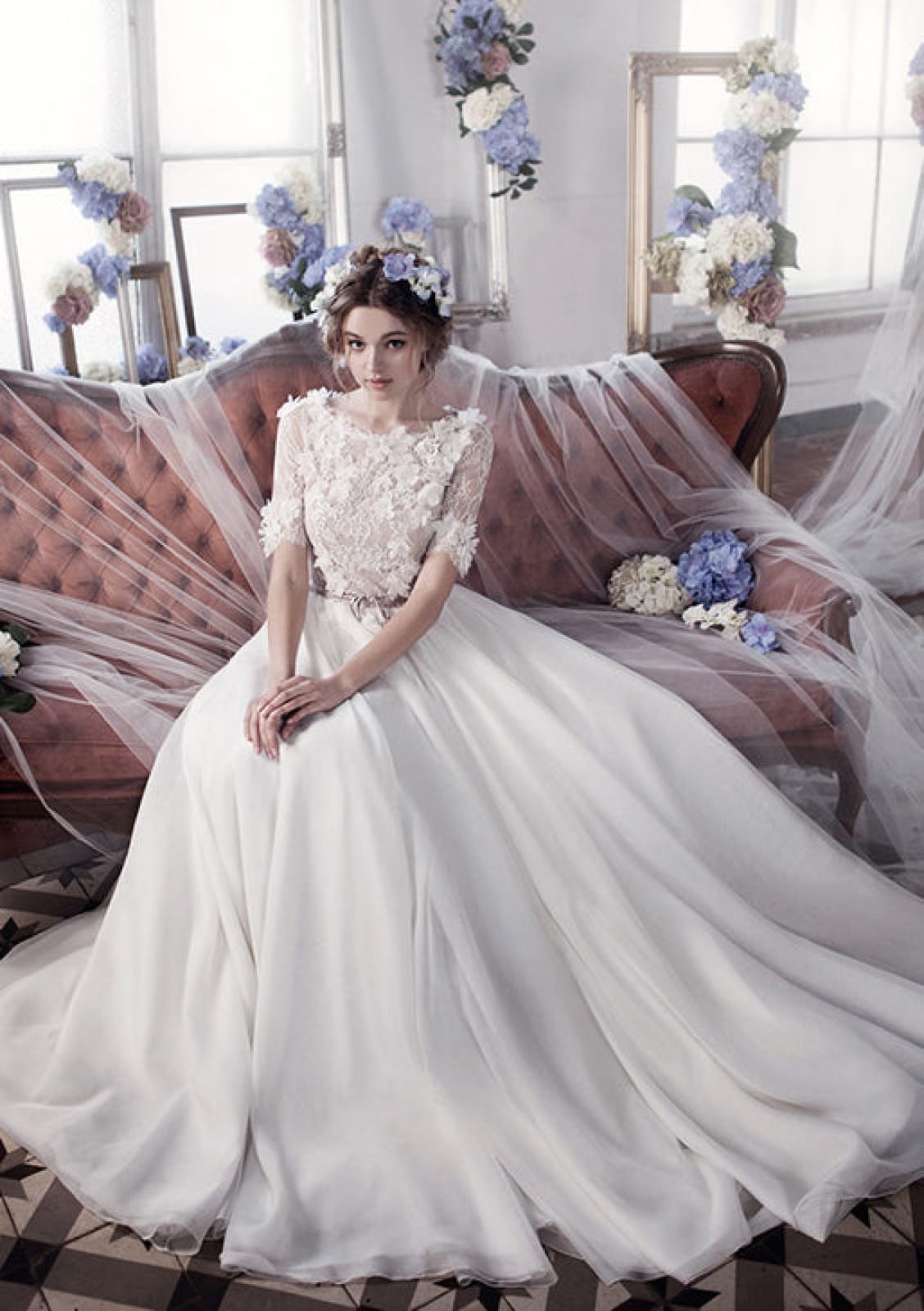 Princess Bateau Lace Chiffon 3D Flowers Bridal Gown Wedding