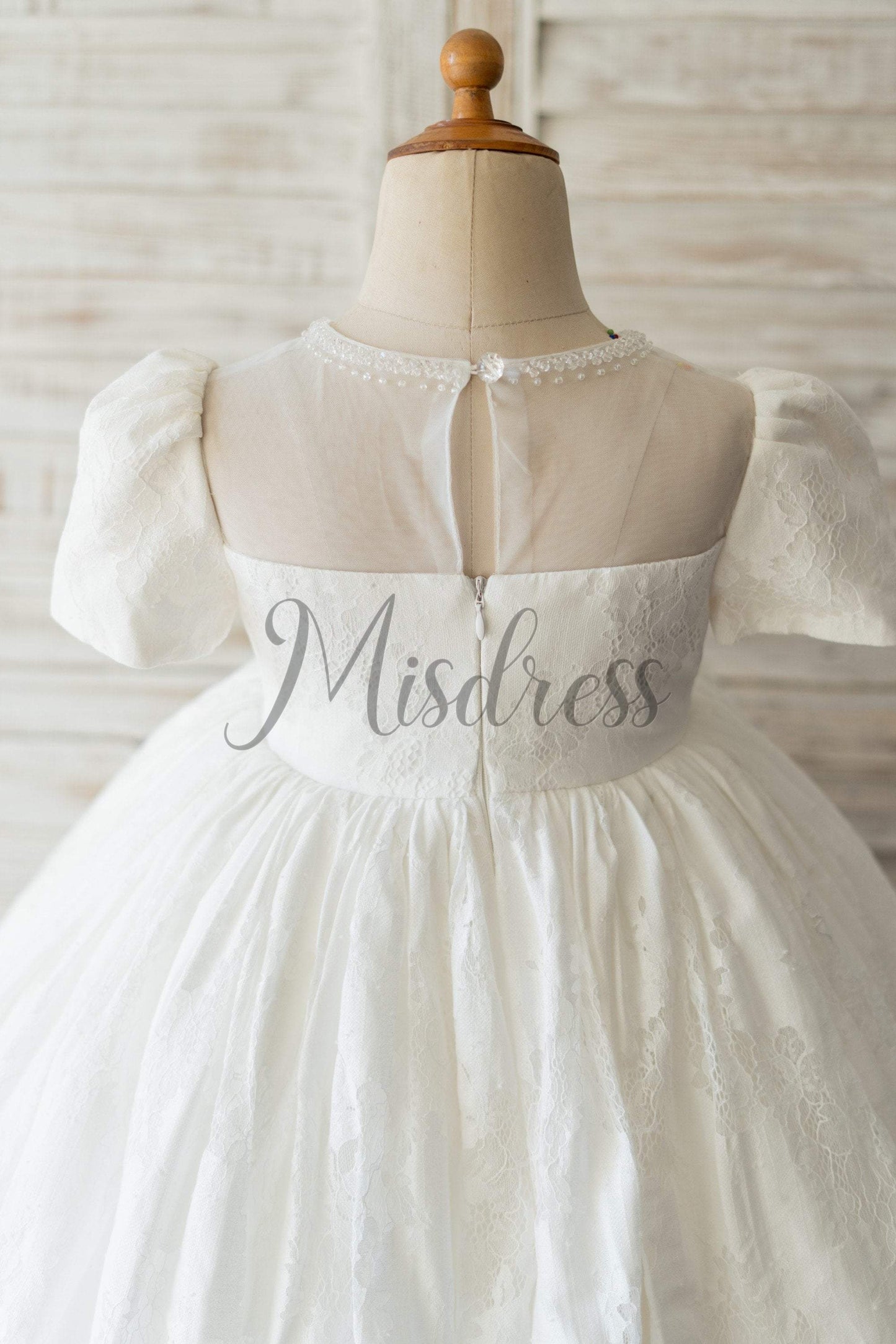 Ivory Lace Short Sleeves Wedding Flower Girl Dress