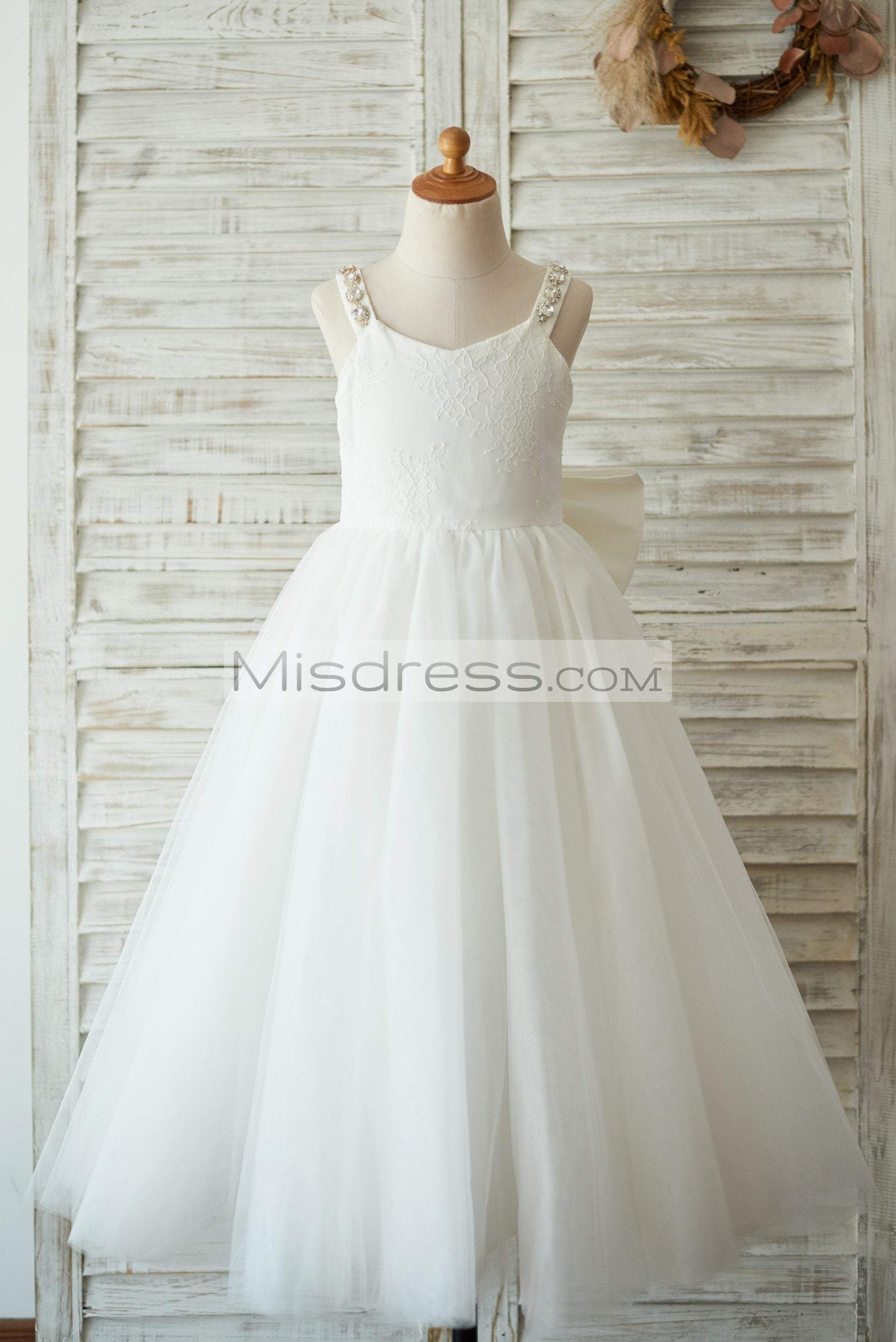Princess Ivory Lace Tulle V Back Straps Wedding Flower Girl Dress, Big Bow