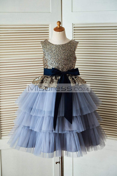 Gold Sequin Blue Cupcake Tulle Wedding Flower Girl Dress with Navy Blue Belt - Flower Girl Dresses