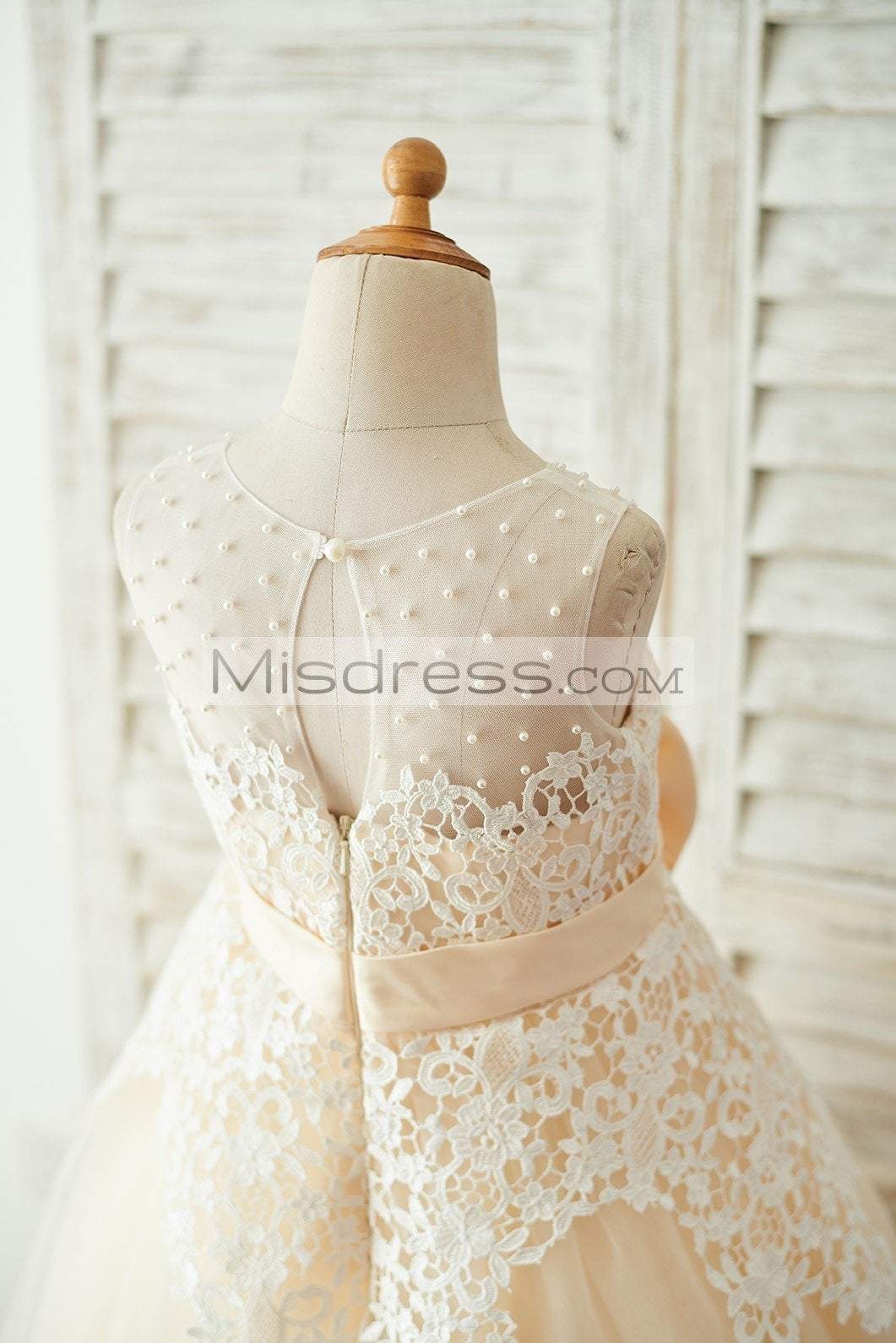 Ivory Lace Champagne Tulle Wedding Party Flower Girl Dress with Pearls - Flower Girl Dresses
