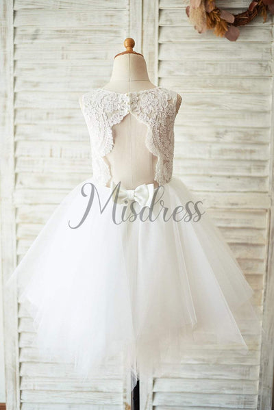 Ivory Lace Tulle Keyhole Backless Wedding Flower Girl Dress - Flower Girl Dresses