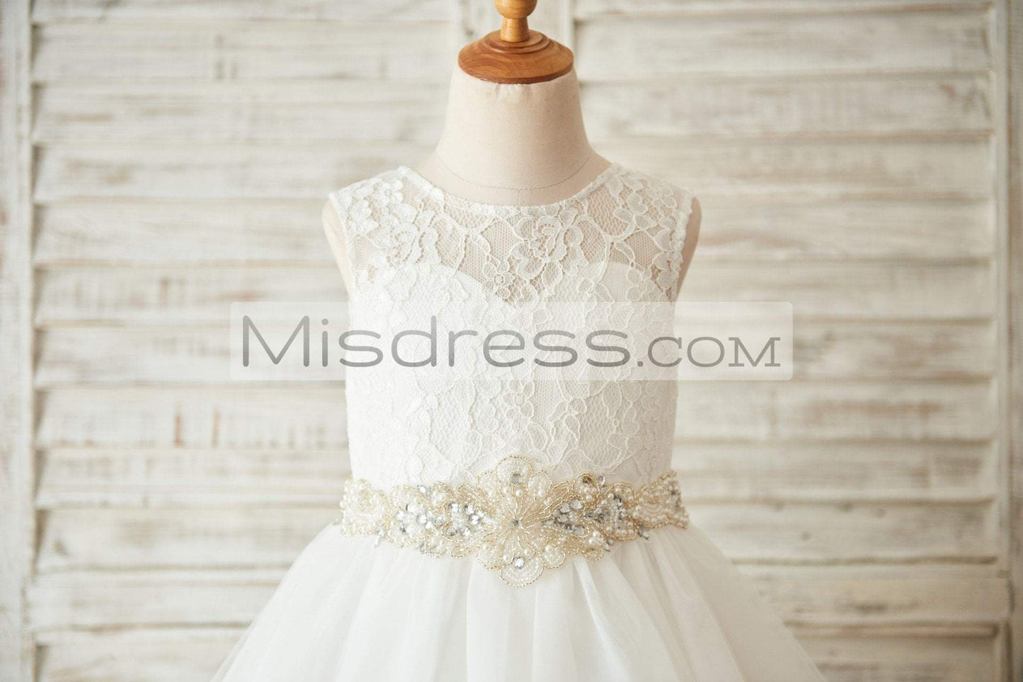 Ivory Lace Tulle Wedding Flower Girl Dress with Beaded Belt - Flower Girl Dresses