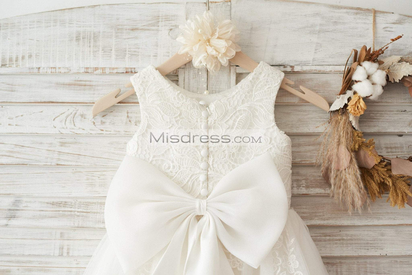 Ivory Lace Tulle Wedding Flower Girl Dress With Big Bow - Flower Girl Dresses