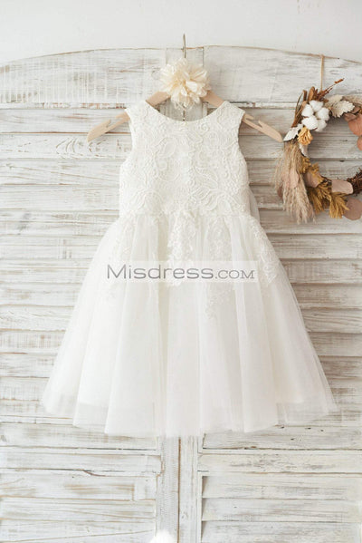 Ivory Lace Tulle Wedding Flower Girl Dress With Big Bow - Flower Girl Dresses