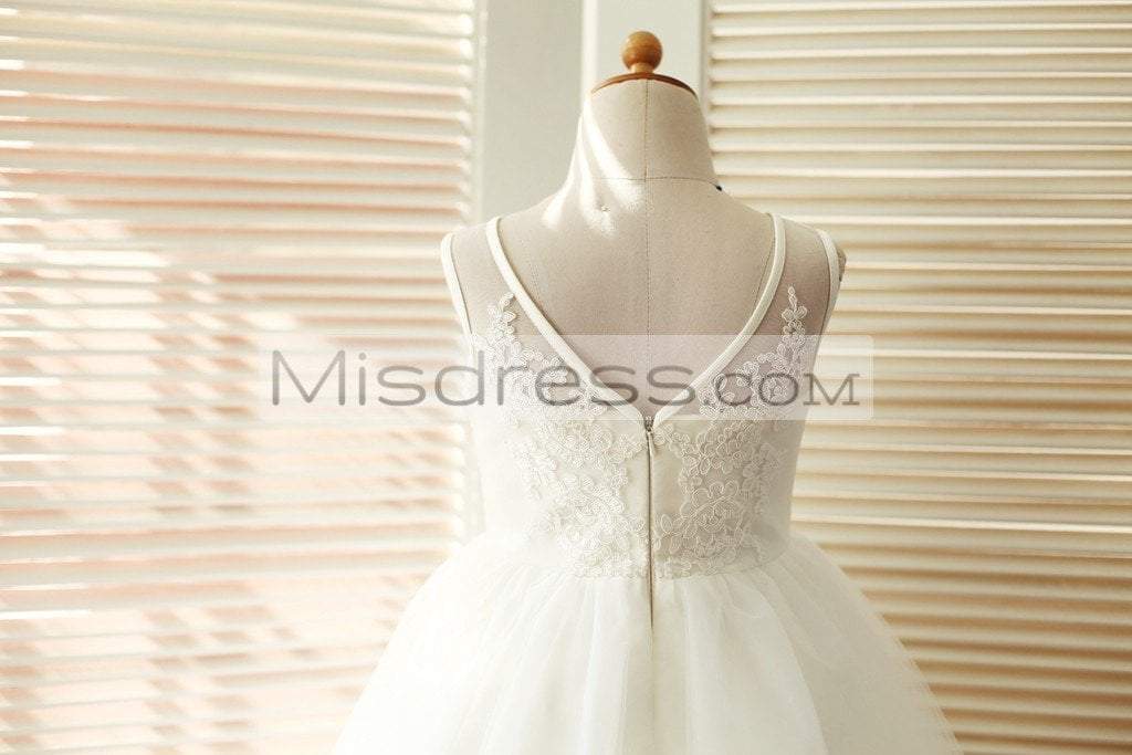 V Back Ivory Lace Tulle Wedding Flower Girl Dress - Flower Girl Dresses