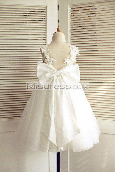 Ivory Lace Tulle V Back Wedding Flower Girl Dress With Big Bow - Flower Girl Dresses