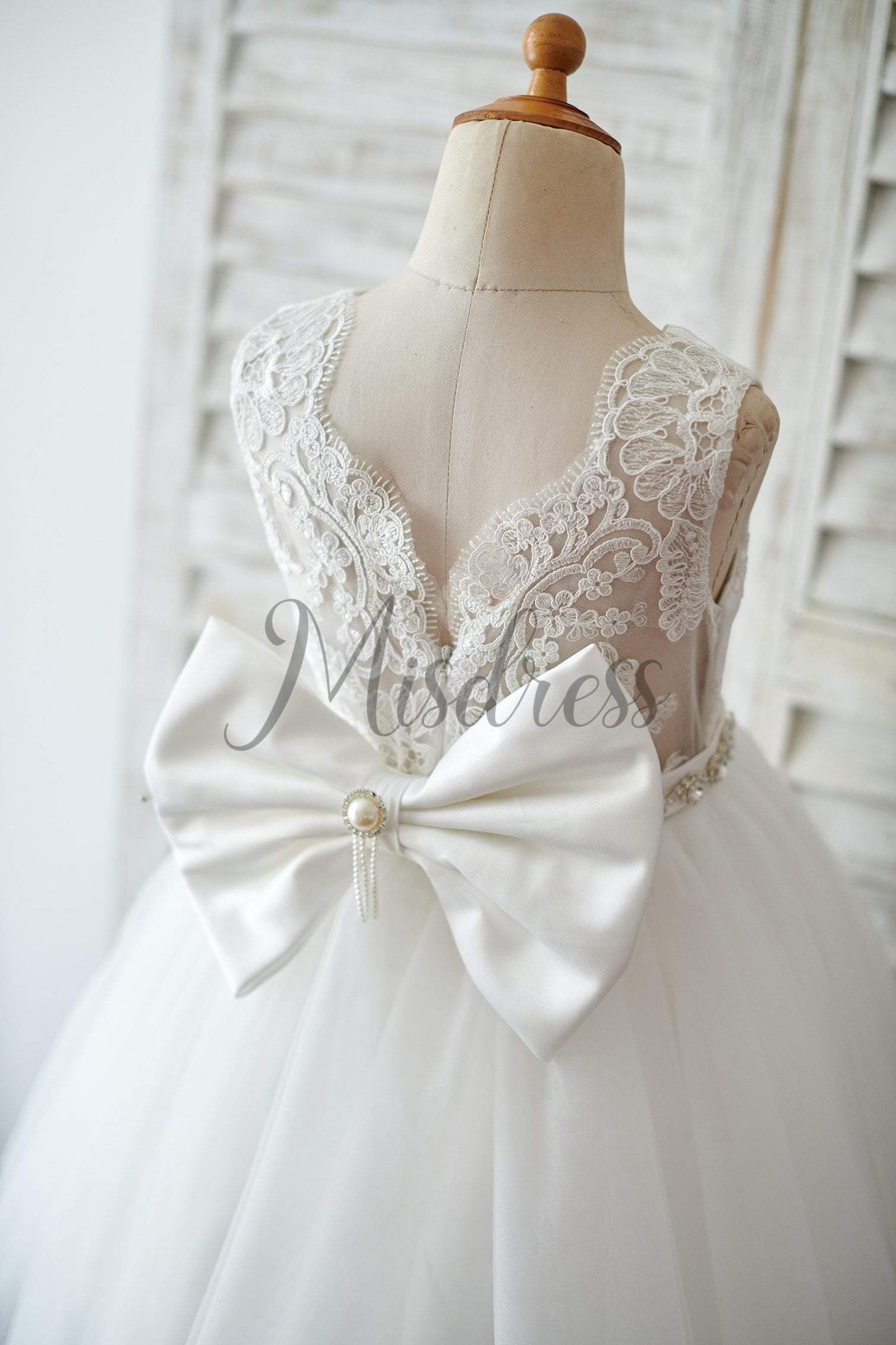 Princess V Back Ivory Lace Tulle Wedding Flower Girl Dress With Big Bow - Flower Girl Dresses