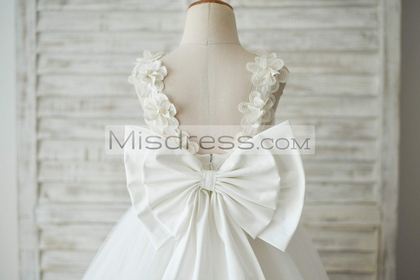 Ivory Lace Tulle V Back Wedding Flower Girl Dress with Big Bow - Flower Girl Dresses