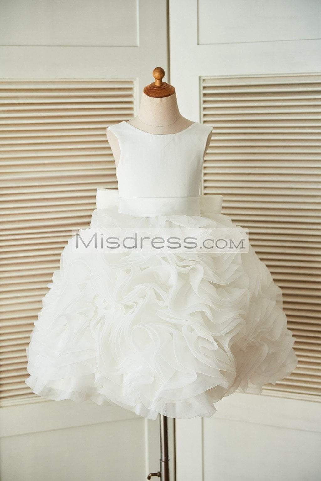 Princess V Back Ivory Satin Organza Ball Gown Wedding Flower Girl Dress 7T Chest 26 inches Waist 25 inches Hollow to Knee 27 Inches