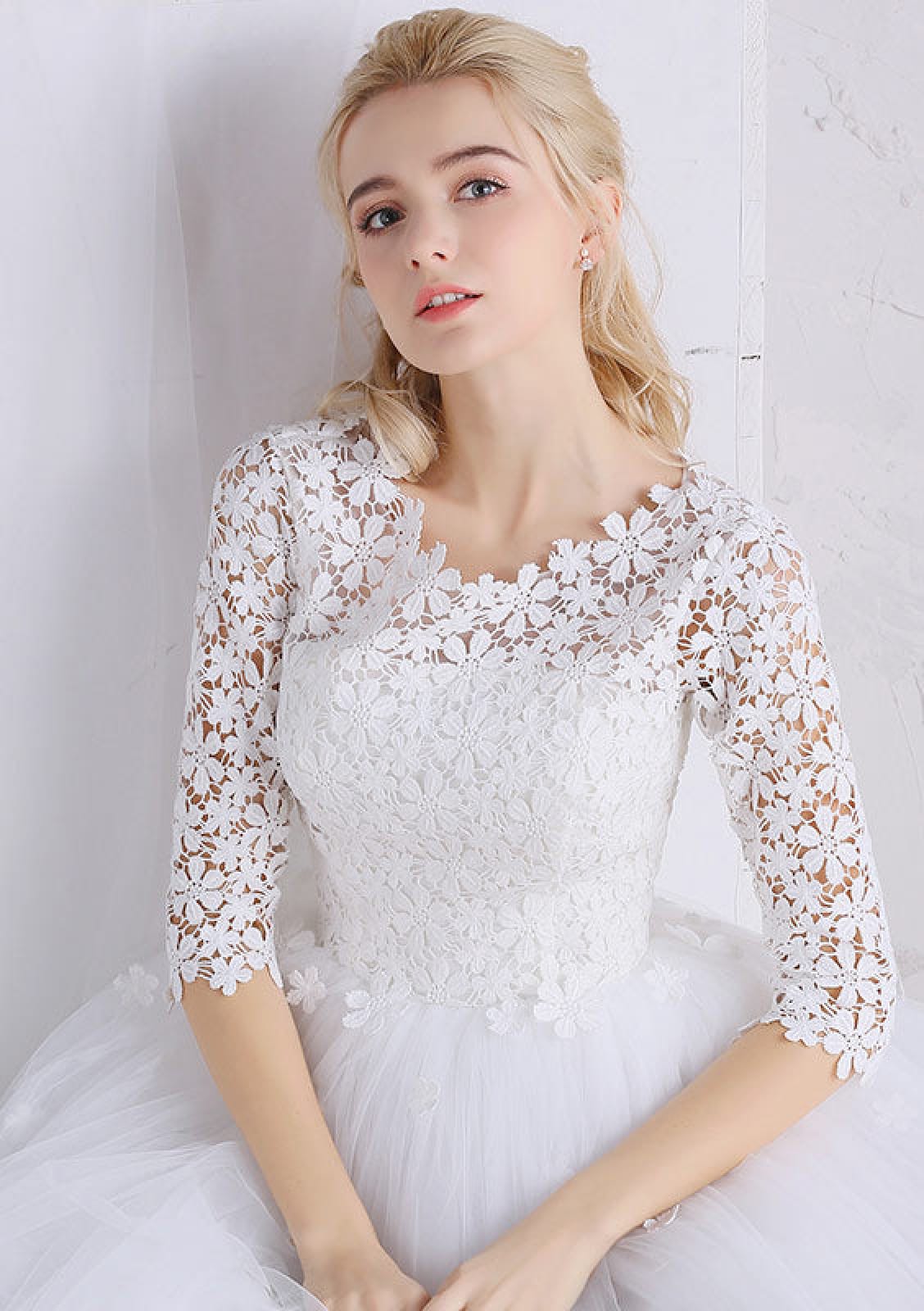 Princess Tea Length White Flowers Lace Tulle Wedding Dress -