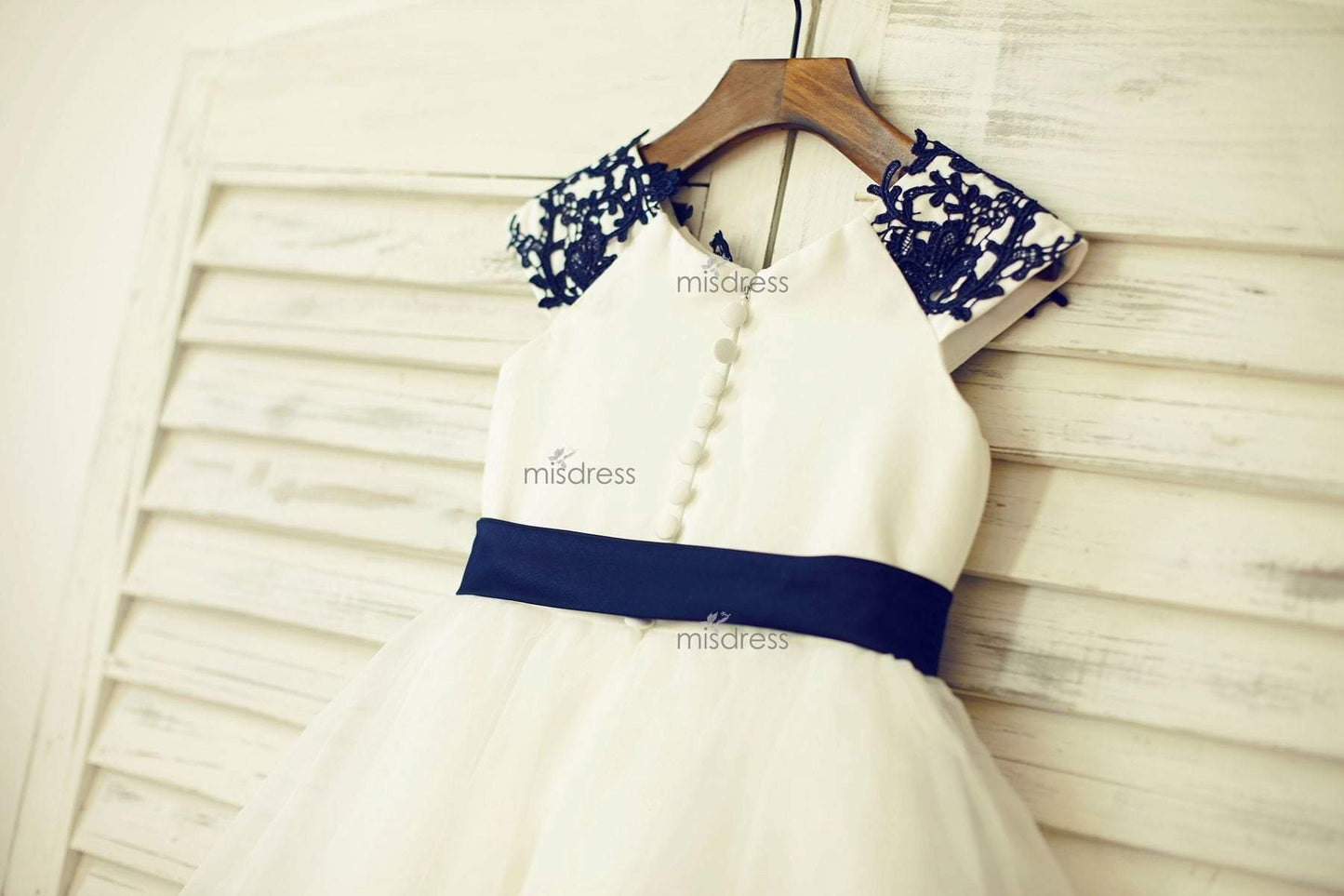 Navy Blue Lace Ivory Satin Tulle Flower Girl Dress With Navy Blue Sash - Flower Girl Dresses