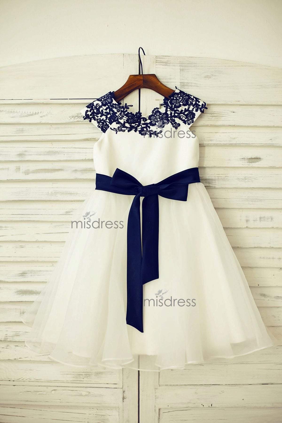 Girls White Eyelash Lace Dress with Royal Blue Sash