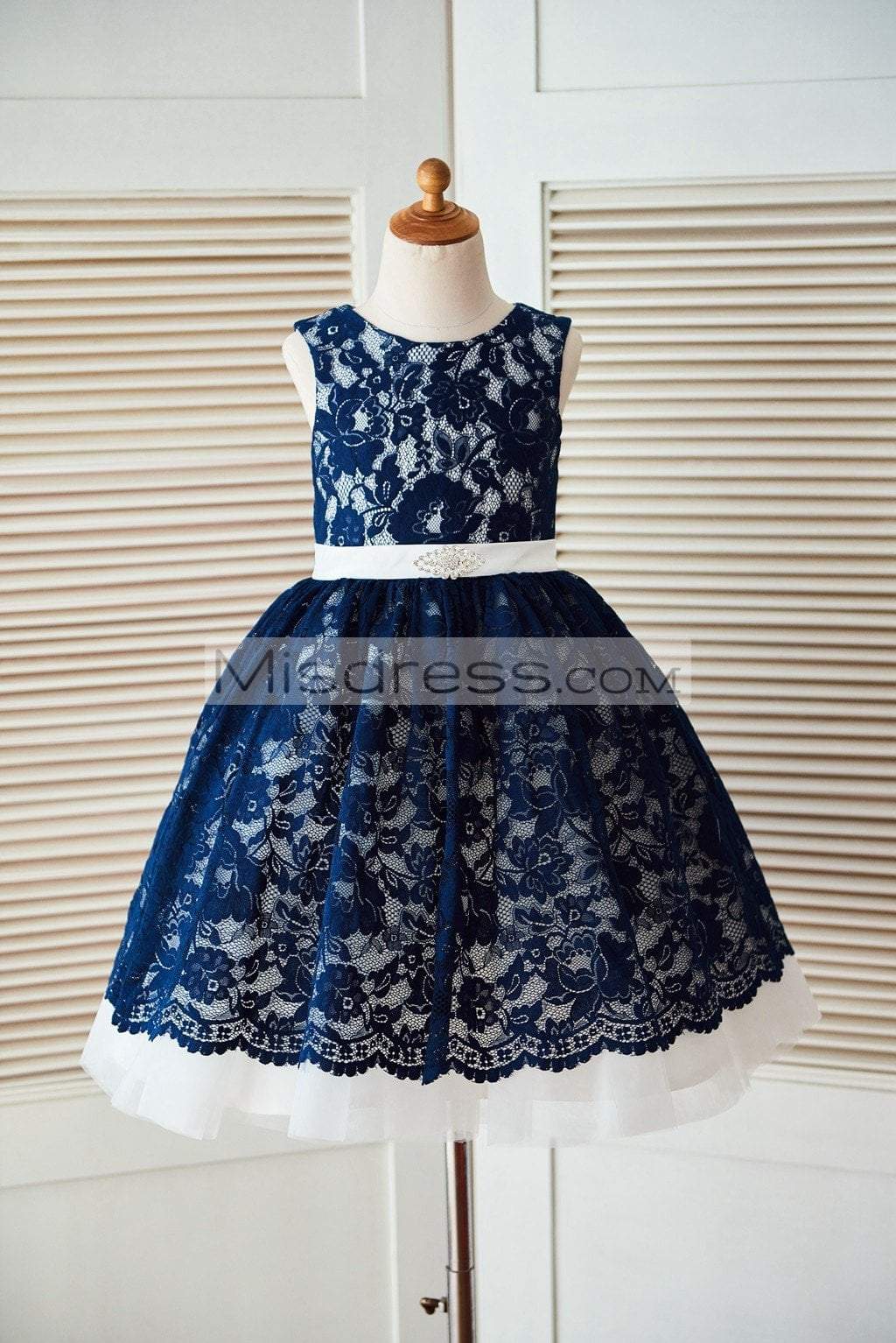 Princess Navy Blue Lace Ivory Tulle Wedding Flower Girl Dress, Belt 4T --- Chest = 23 inches/ Waist = 22 inches/ Hollow to Knee = 25 Inches
