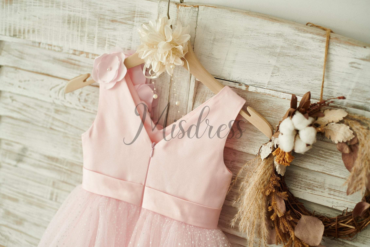 V Neck Pink Satin Tulle Wedding Party Flower Girl Dress - Flower Girl Dresses