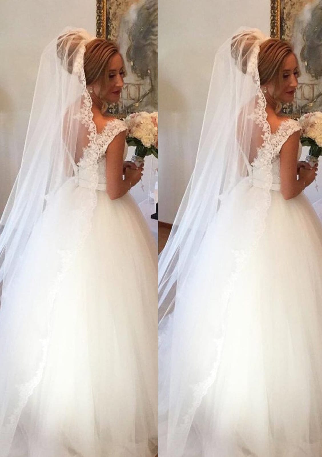 Princess V Neck Sleeveless Open Back Lace Tulle Wedding