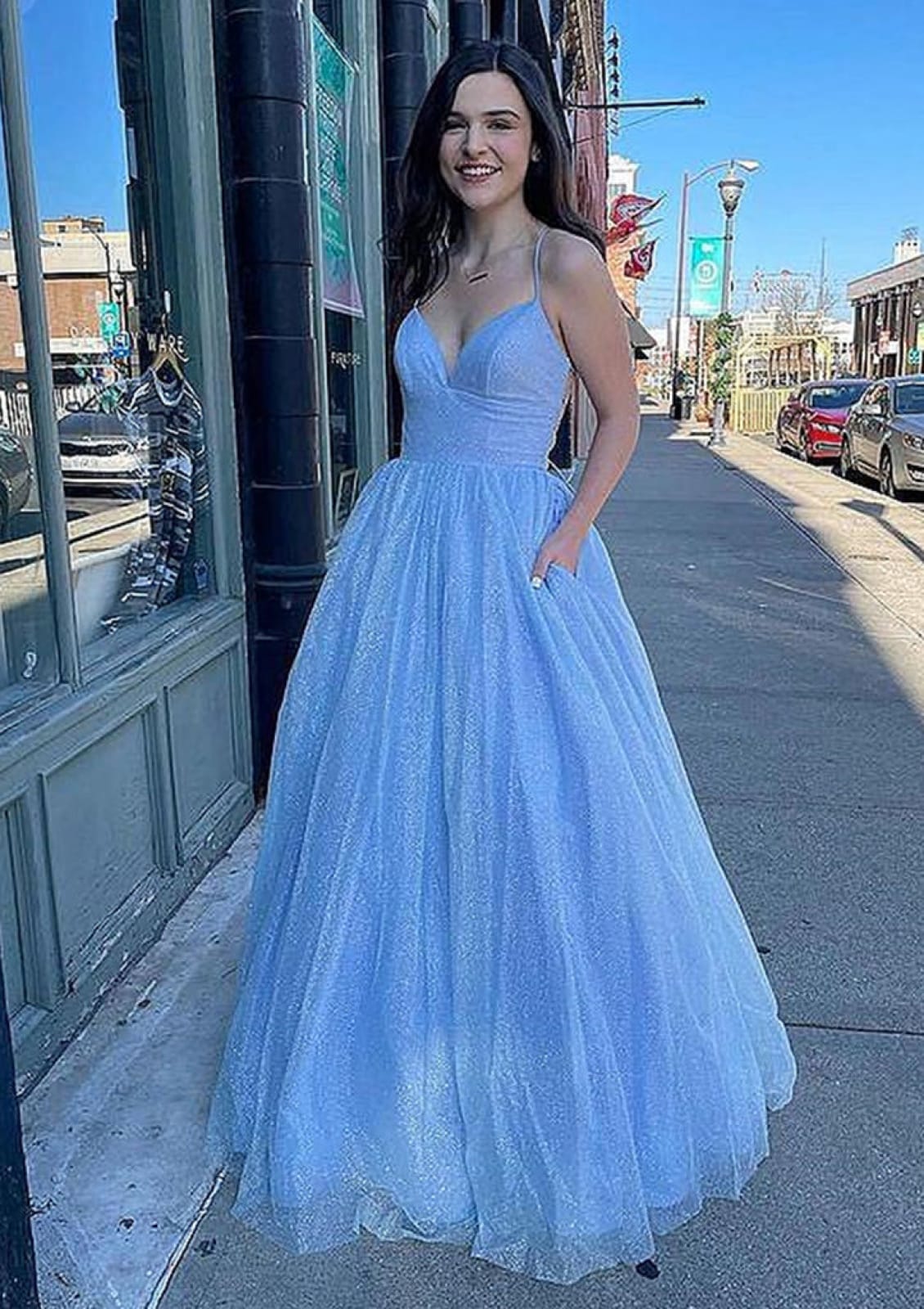 Princess V Neck Straps Sky Blue Tulle Glitter Prom Dress, Pockets Princess V Neck Straps Sky Blue Tulle Glitter Prom Dress, Pockets