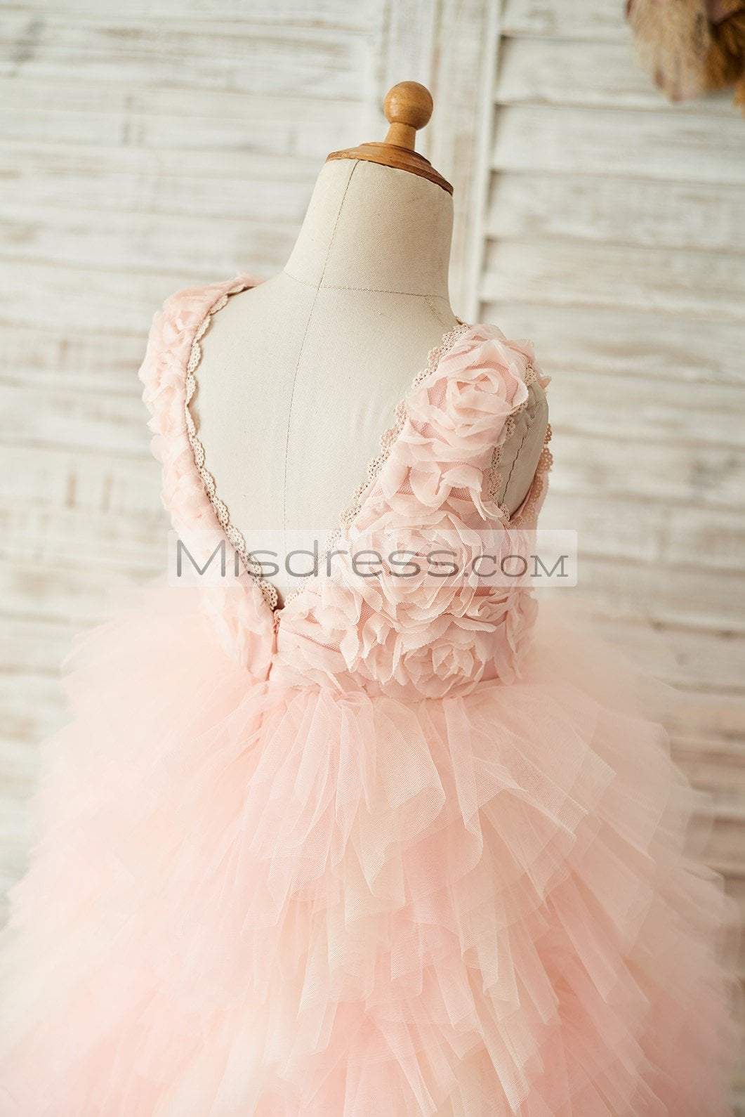 Pink Rosette Tulle V Back Wedding Flower Girl Dress - Flower Girl Dresses