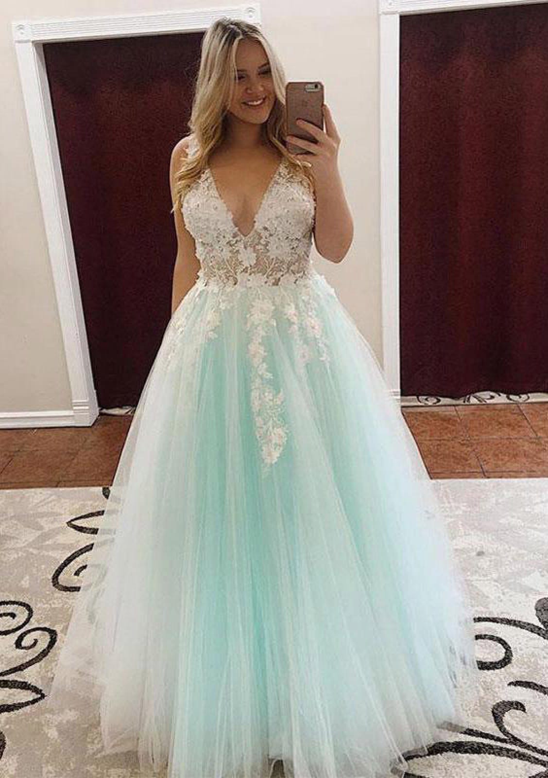 strapless open back dress Princess Plunging Sleeveless Floor-Length Pleated Mint Tulle Prom Dres