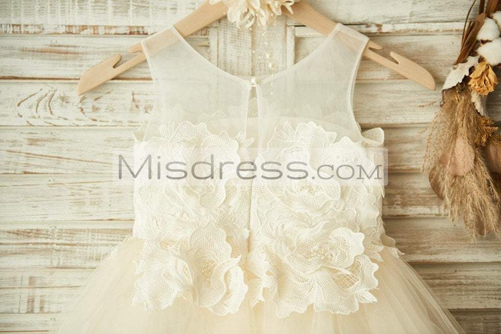 Sheer Neck Ivory Lace Champagne Tulle Wedding Flower Girl Dress - Flower Girl Dresses