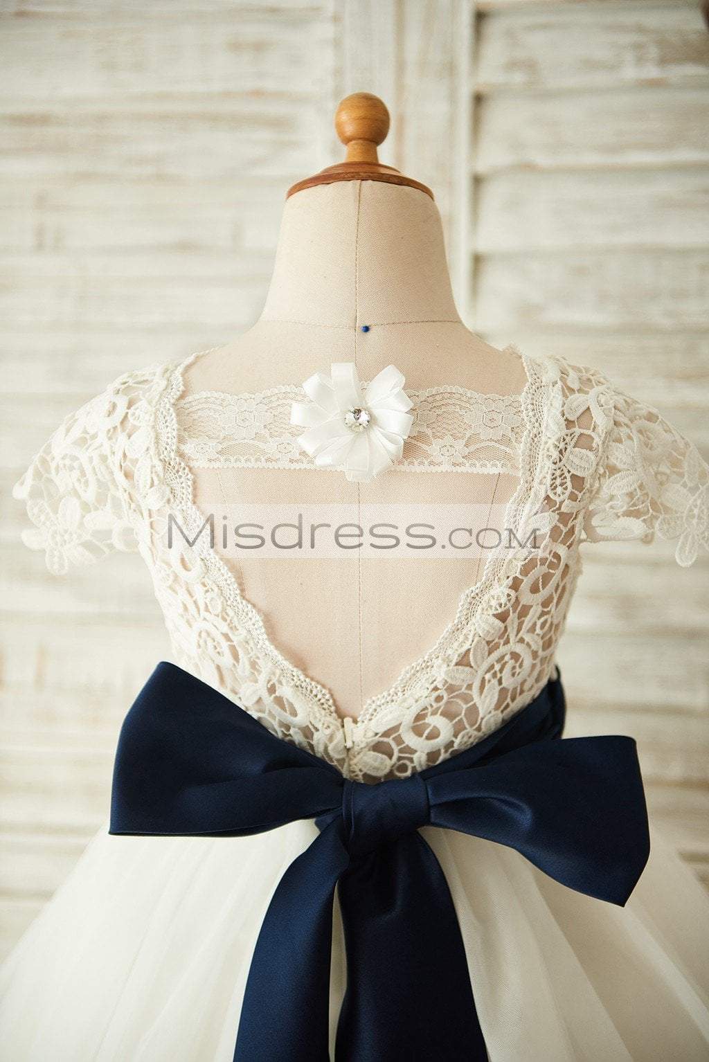 Short Sleeves V Back Lace Tulle Wedding Flower Girl Dress with Navy Blue Belt - Flower Girl Dresses
