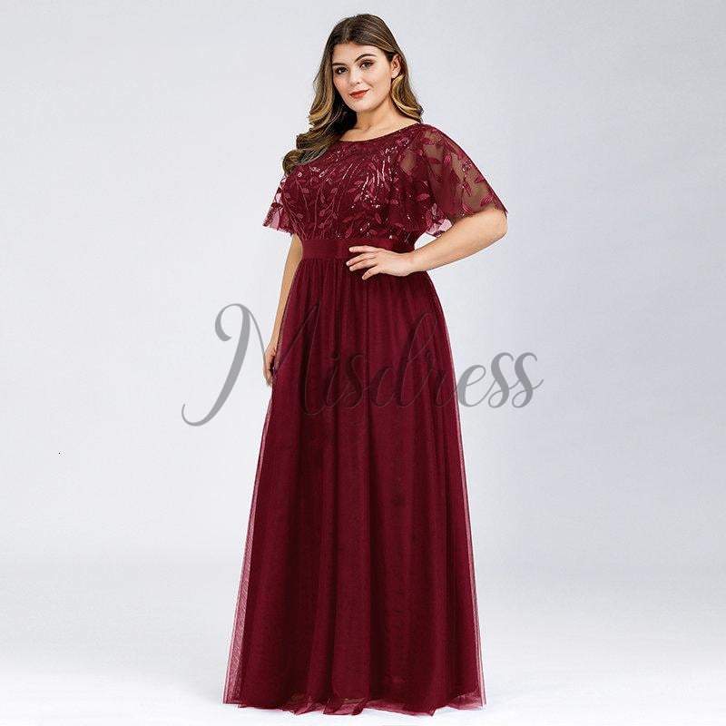 Princess Plus Size Short Sleeves Lace Sequin Tulle Evening Prom