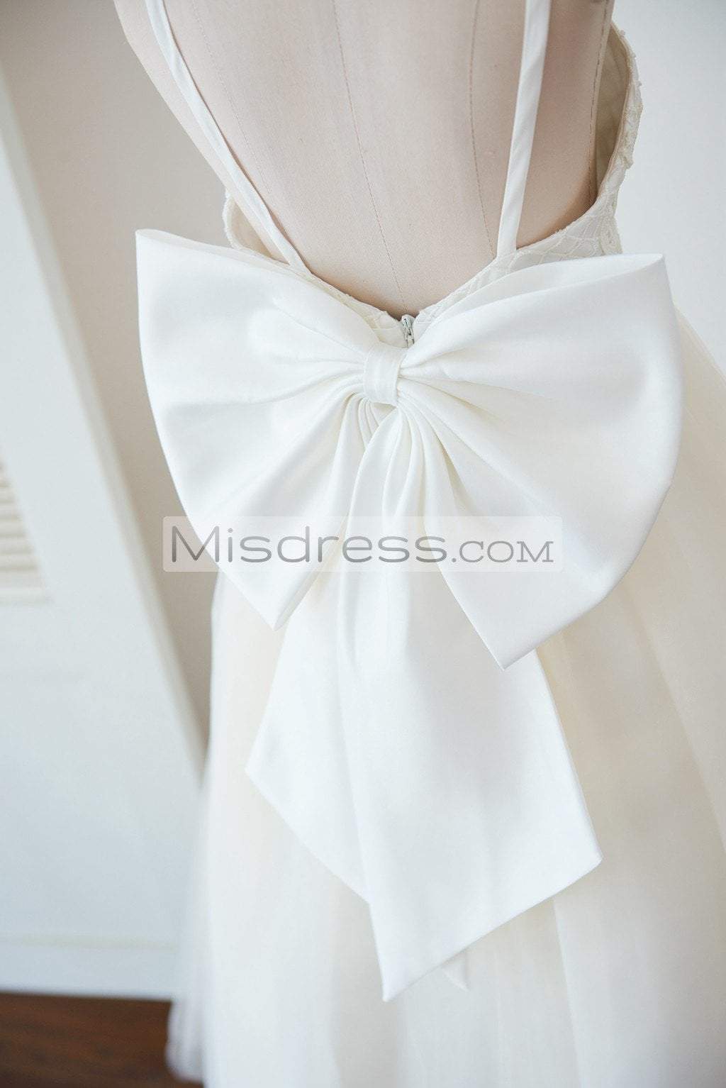 Straps Ivory Lace Tulle Backless Wedding Flower Girl Dress with Bow - Flower Girl Dresses