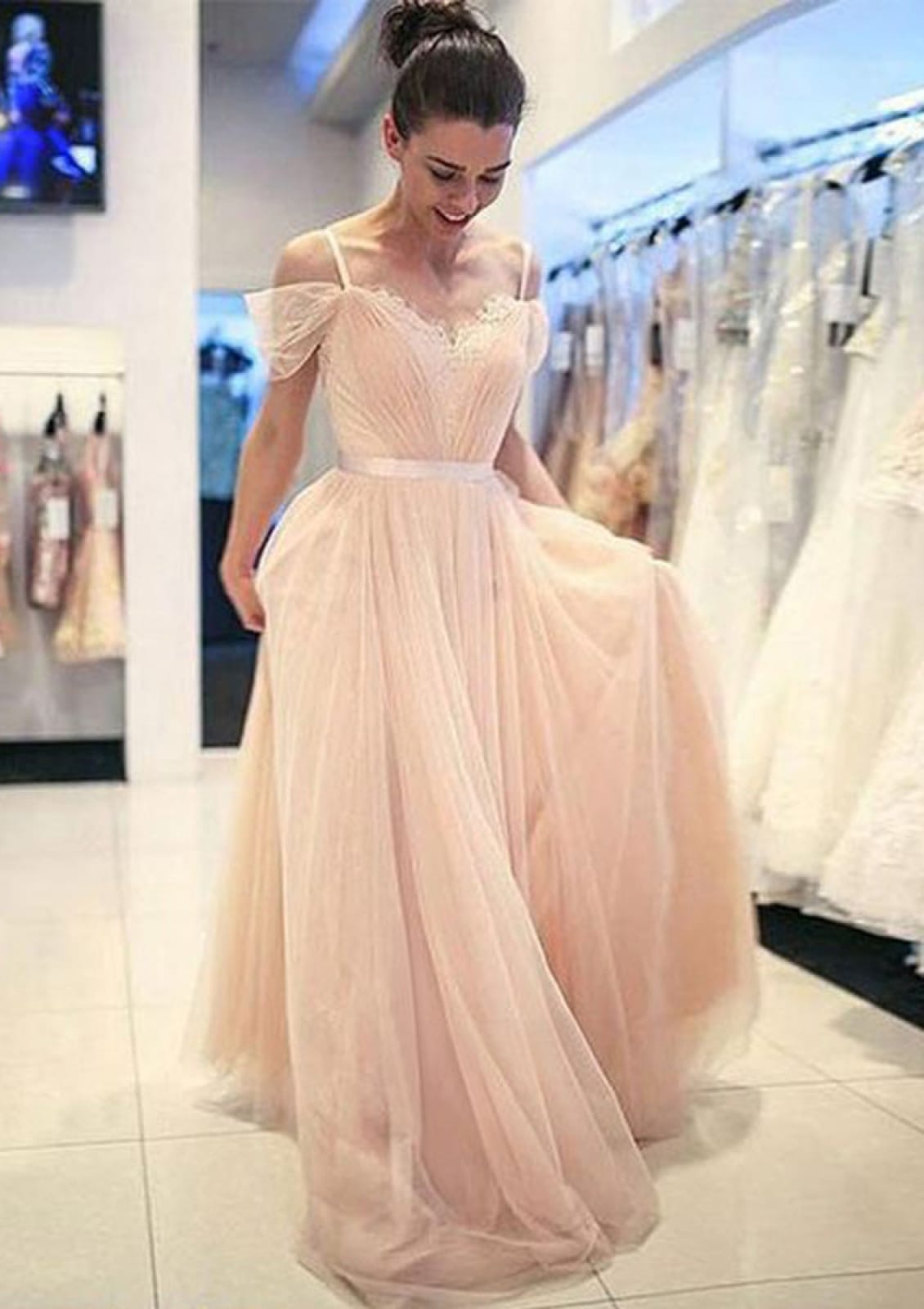 Princess Sweetheart Cold Shoulder Sweep Pearl Pink Tulle Prom Dress, Sash Princess Sweetheart Cold Shoulder Sweep Pearl Pink Tulle Prom Dress, Sash