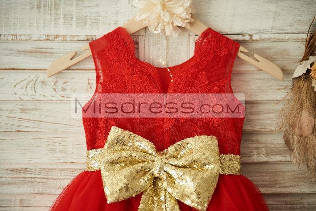 Red Lace Tulle Wedding Flower Girl Dress Christmas Party Dress with Gold Sequin Belt\Bow - Flower Girl Dresses