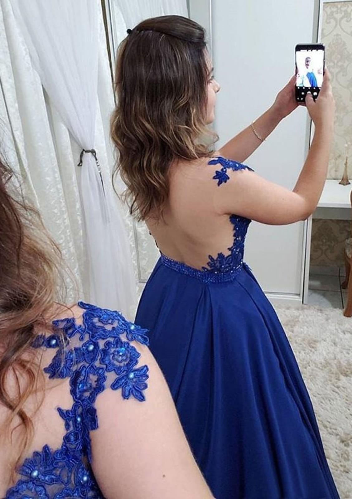 A-line Scalloped Neck Sheer Back Satin Formal Party Evening