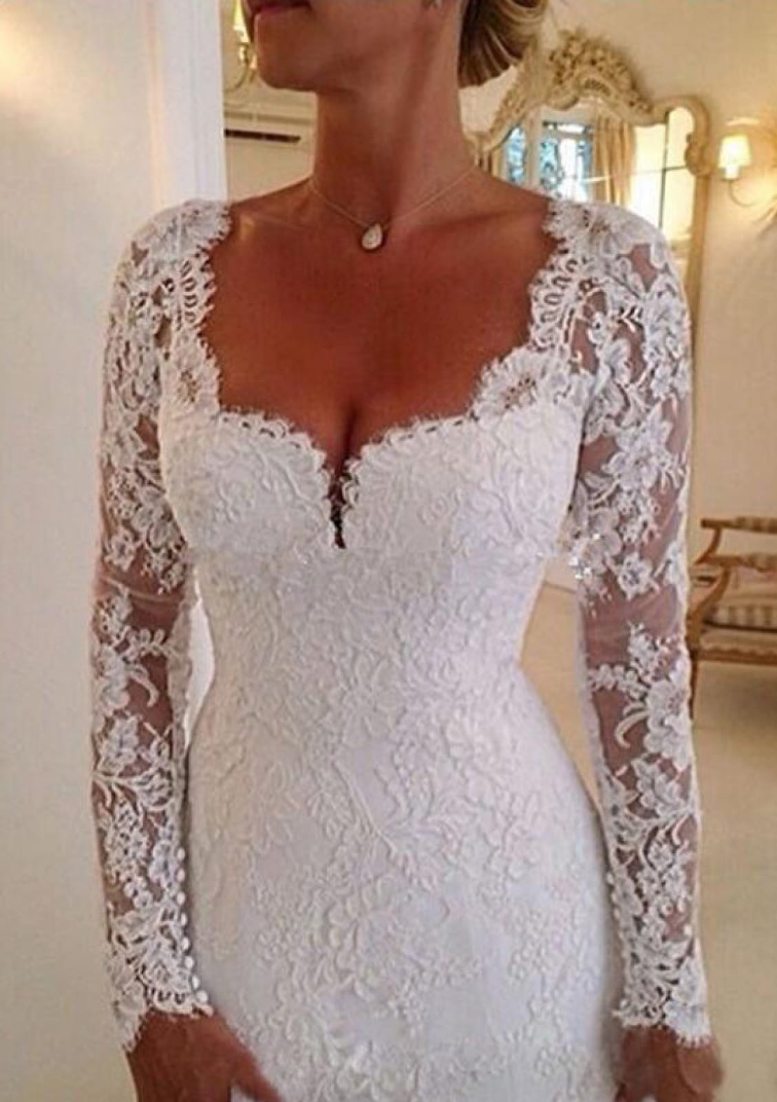 Scalloped Neck Chapel Long Sleeve Ivory Lace Wedding Dress