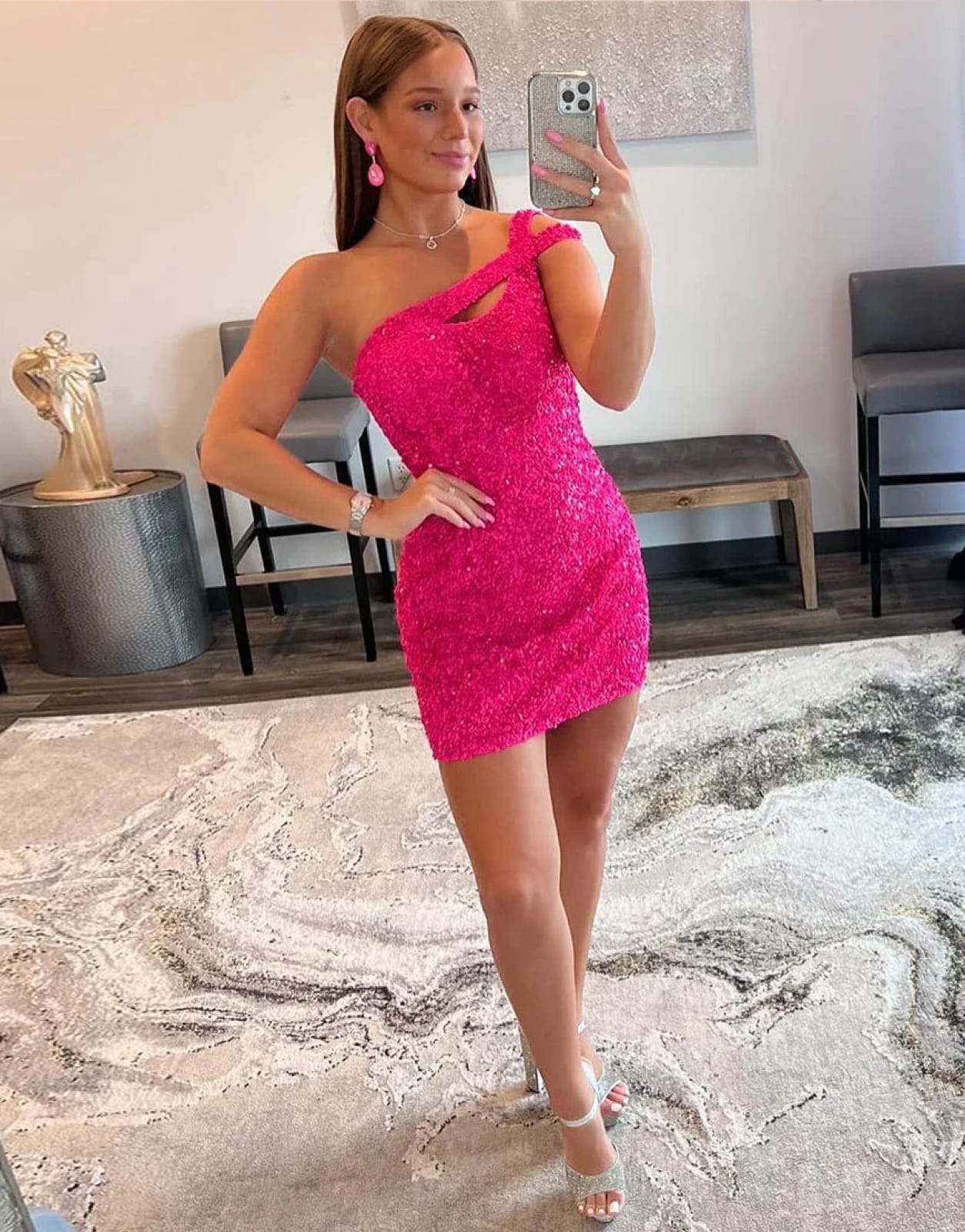 Sexy Glitter One Shoulder Hot Pink/Royal Blue Sequins Backless Homecoming Dress US 16 / Hot Pink