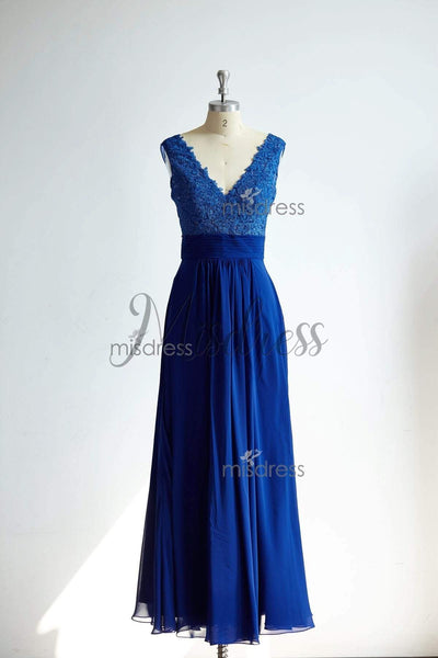 See Though Sexy V Neckline Royal Blue Lace Chiffon Bridesmaid Dress - Bridesmaid Dresses