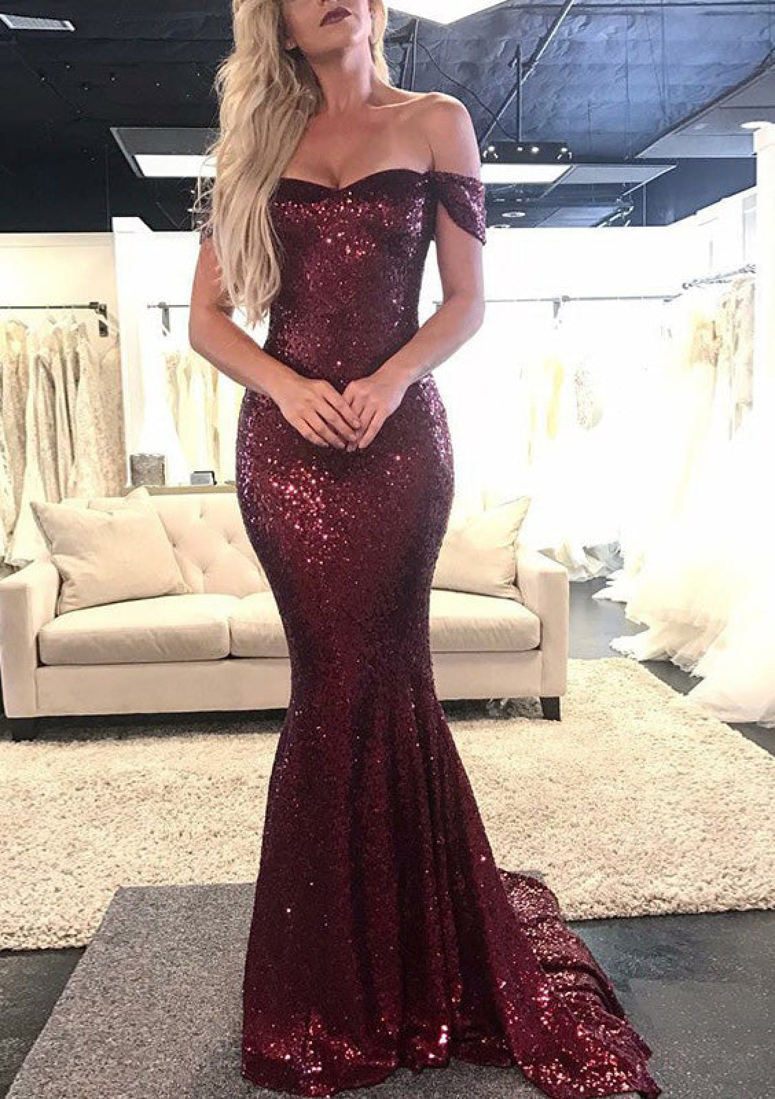 chinese dress ladies Sparkly Burgundy Sequin Halter Neck Mermaid Long Prom Dress with Slit