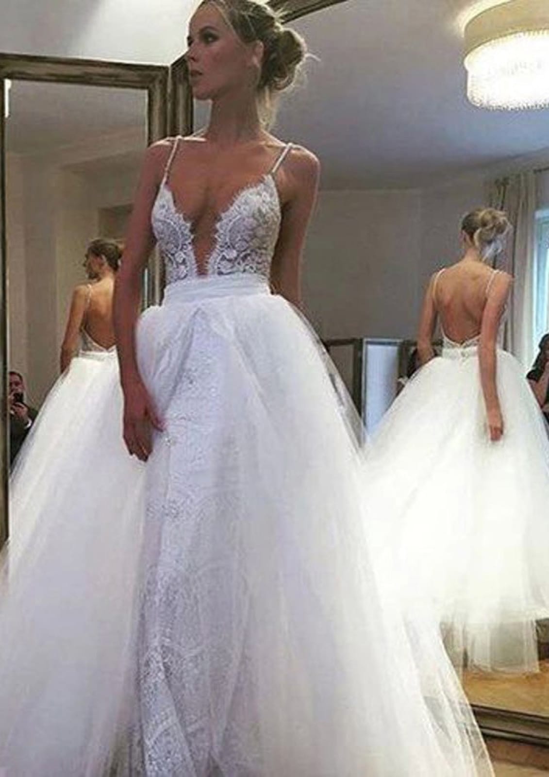 Sexy Strap Plunging Backless Over Tulle Skirt Lace Wedding
