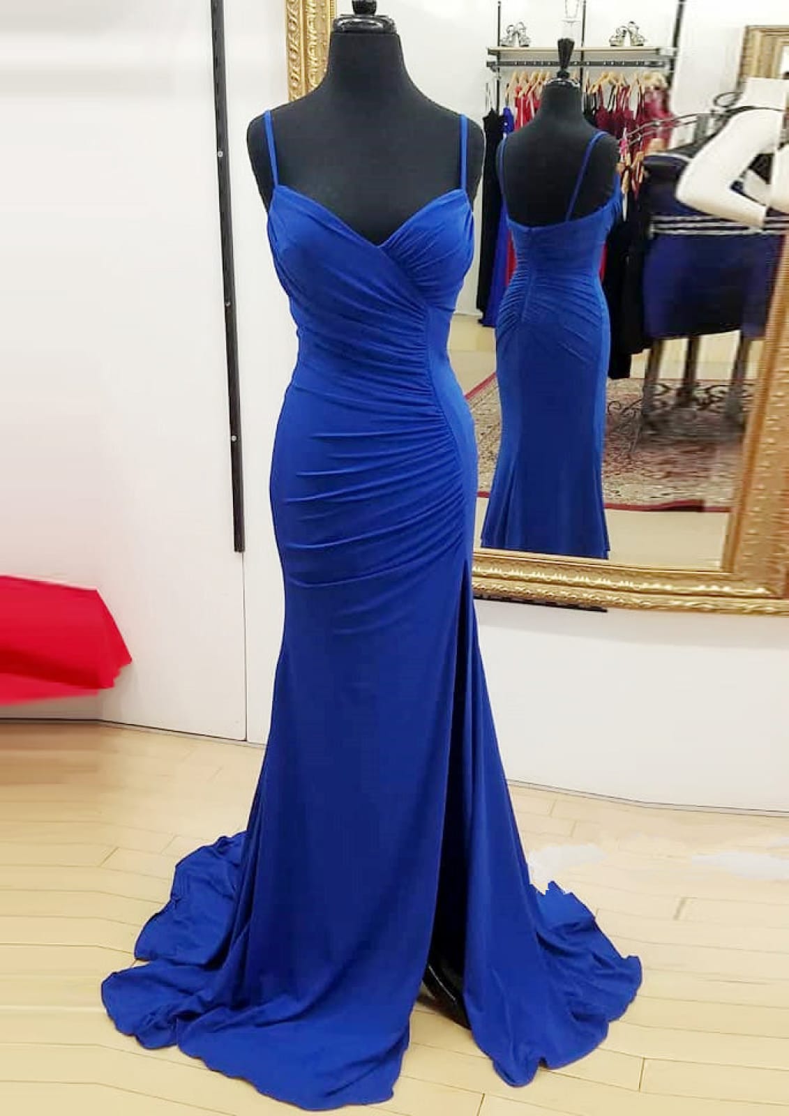 Sheath Ruched Spaghetti Strap Sweep Train Long Sleeveless