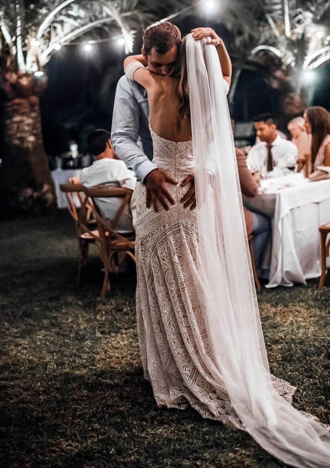 Sheath/Column Off Shoulder Sweep Train Lace Wedding Dress -