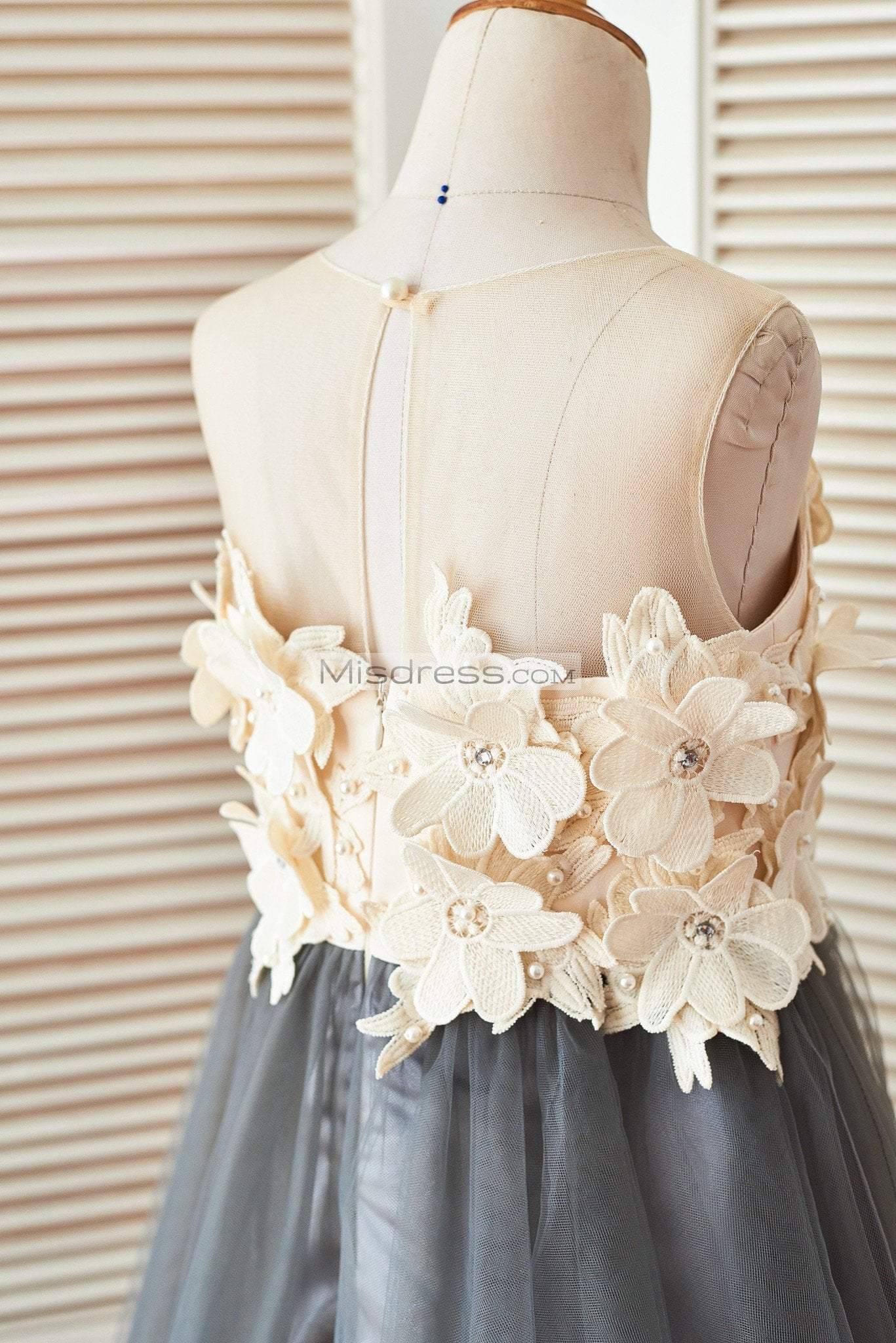 Sheer Illusion Neck Gray Tulle Wedding Flower Girl Dress With Champagne 3D Flowers - Flower Girl Dresses