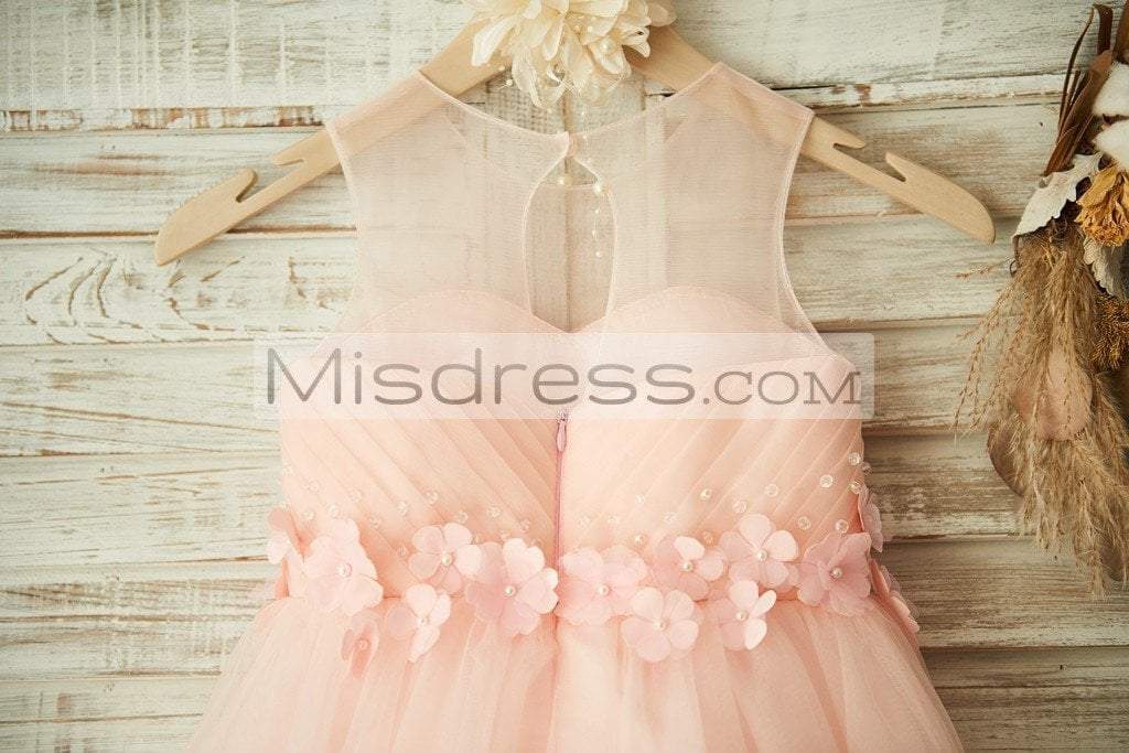 Sheer Neck Pink Tulle Wedding Flower Girl Dress with Beading and 3D Flower - Flower Girl Dresses