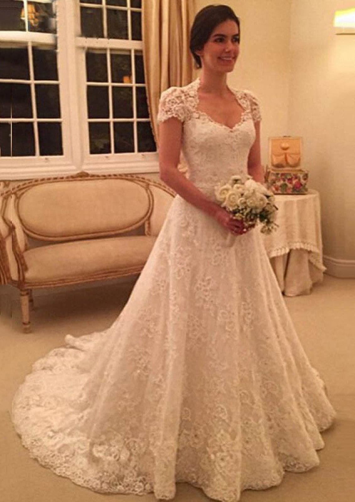 a line lace wedding dress with short sleeves A-Line Off-the-Shoulder Short Sleeves Lace Boho Wedding Dress WD396 US12 / White