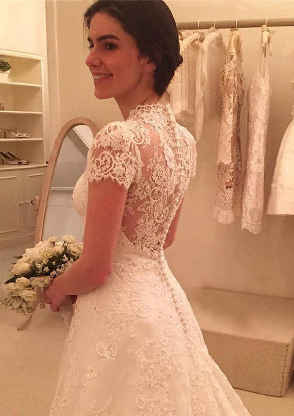 Short Sleeve Button Back A-line Lace Court Wedding Dress