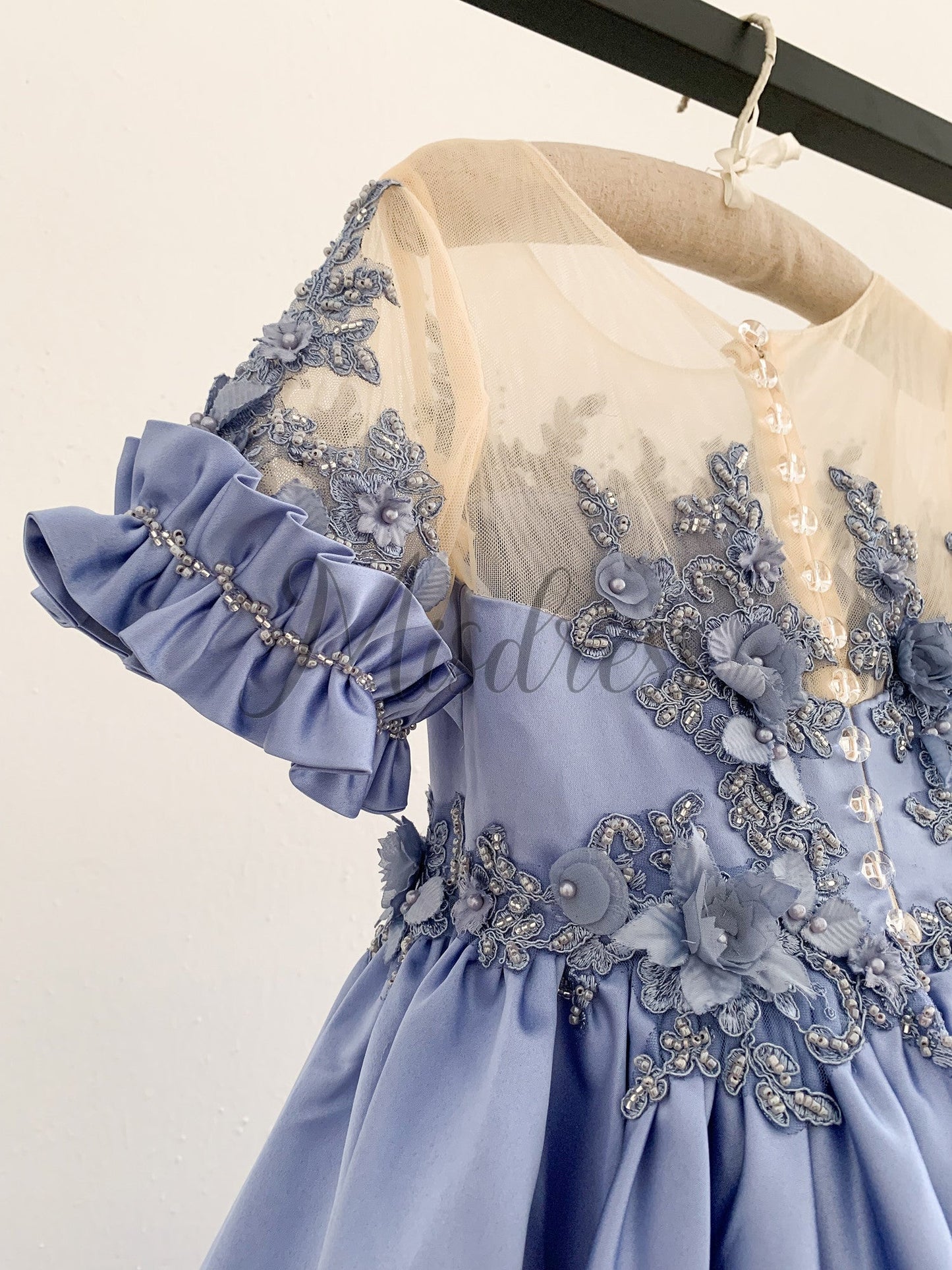 Short Sleeves Sheer Neck Light Blue Satin Wedding Flower Girl Dress Beaded Lace