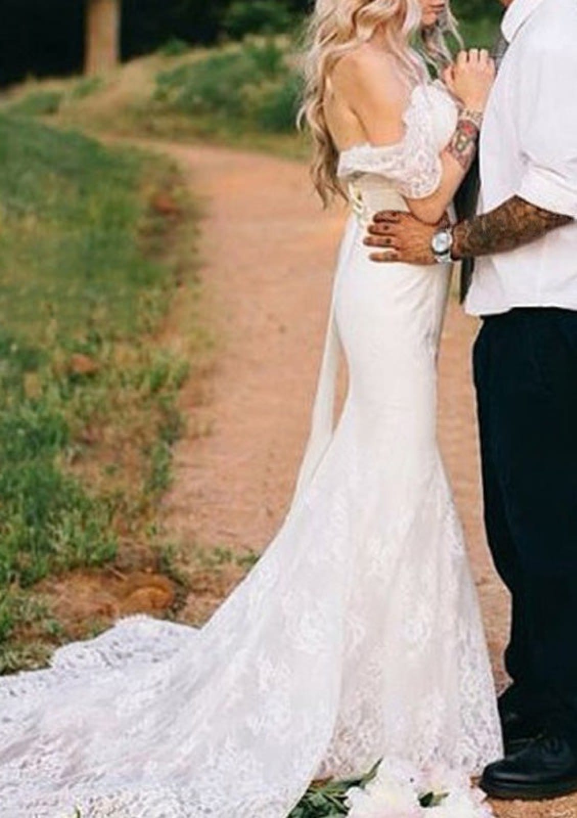 Off Shoulder Court Train Ivory Lace Mermaid Wedding Dress -