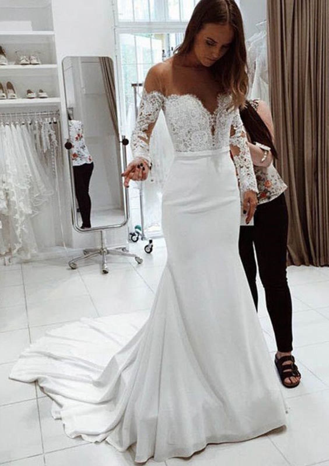 Off Shoulder Ivory Lace Chiffon Mermaid Bridal Gown Wedding Dress | Misdress